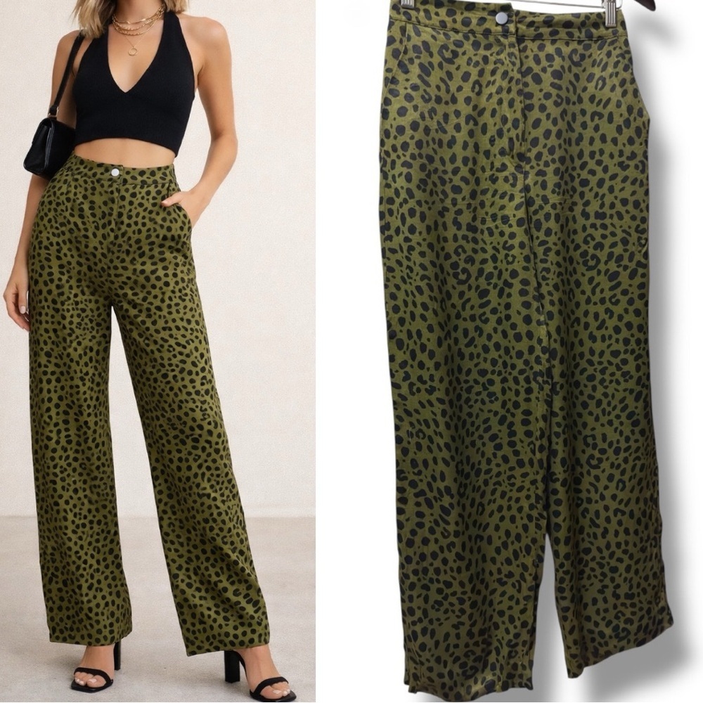 Zara | NWOT Turkey Olive Green Leopard Print High Waist Straight Leg Pants (XS)